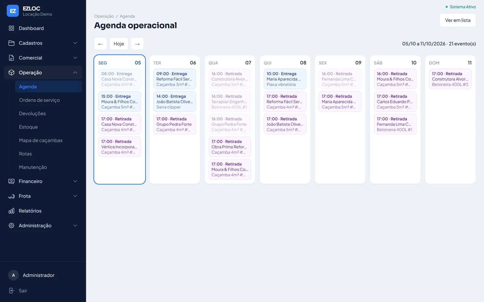 A semana inteira na tela: tela de agenda do EZLOC
