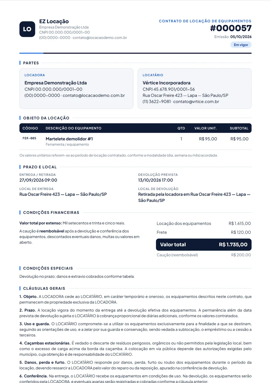 Contrato de locação gerado pelo sistema, pronto para assinar e imprimir
