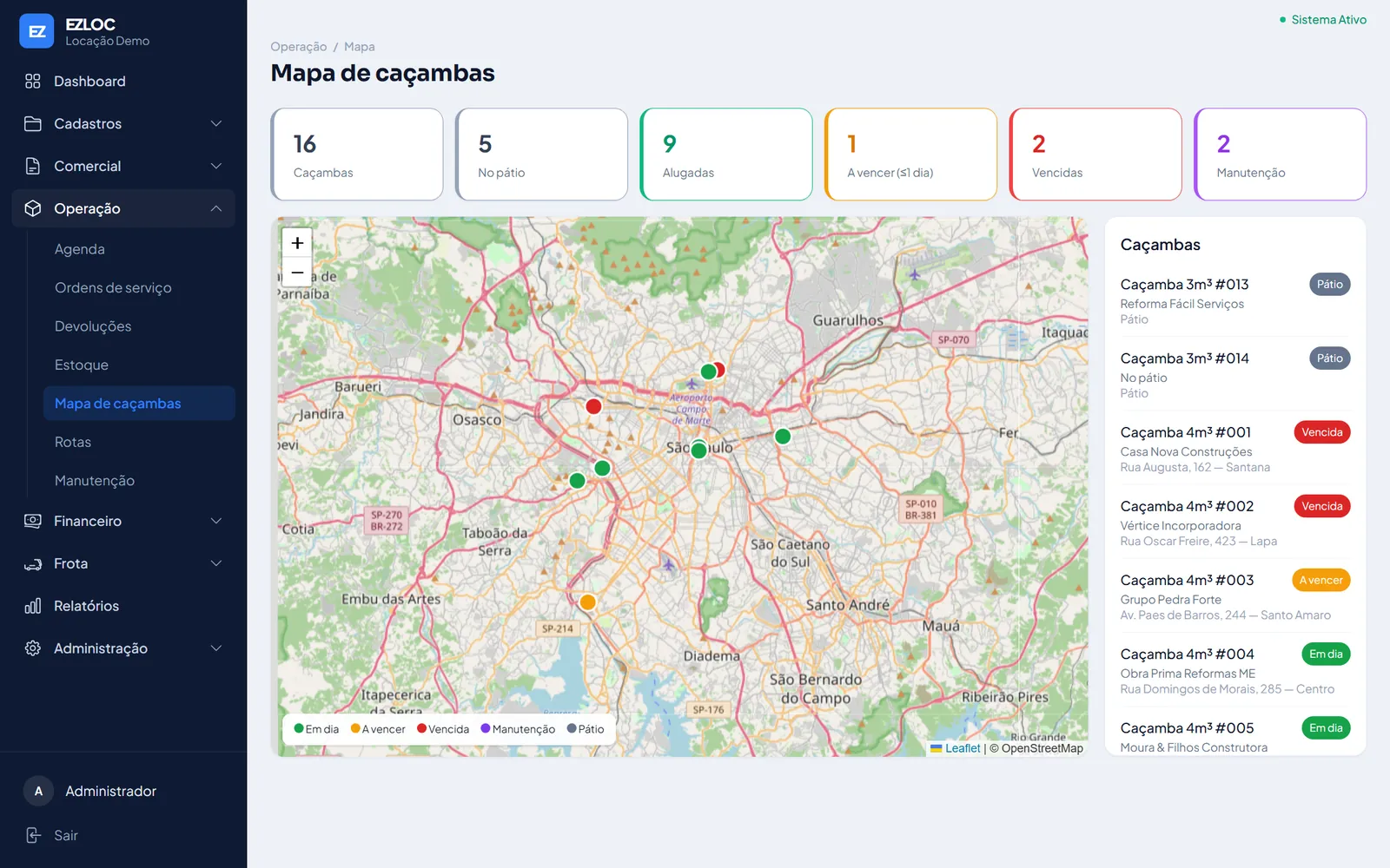 Onde está cada caçamba: tela de mapa do EZLOC