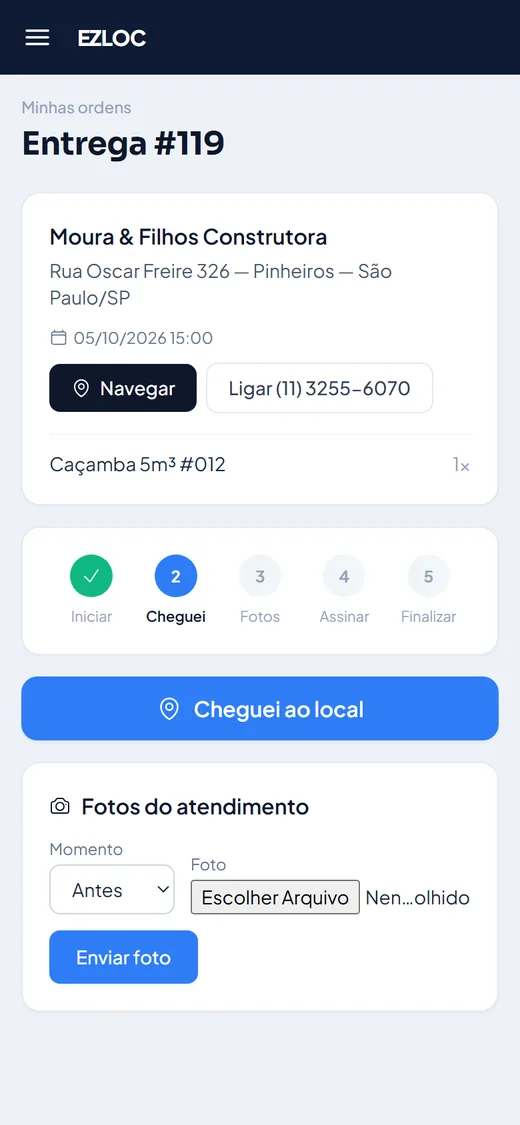 Ordem de serviço em andamento no celular, com fotos e assinatura